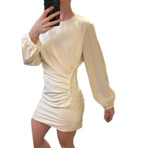 Zara Cream Long-Sleeve Ruched Dress